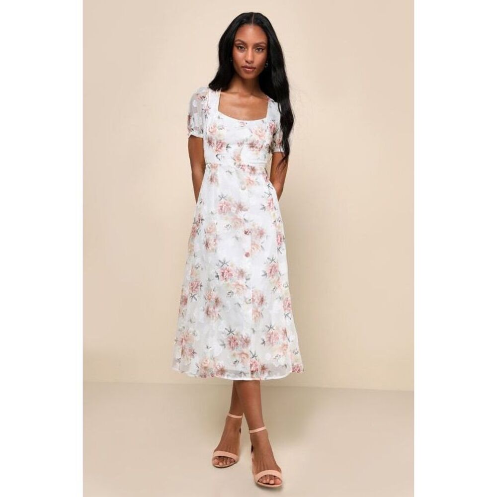Lulus Moment Of Beauty White Floral Print Button-front Midi Dress - Size M